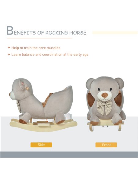 HOMCOM Kids Children Rocking Horse Plush Ride On Bear Seat w/ Sound Wood Base Seat Safety Belt Toddler Baby Toy Grey - pic 18057 | FastDaddyshop