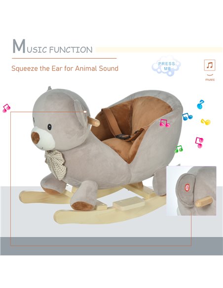 HOMCOM Kids Children Rocking Horse Plush Ride On Bear Seat w/ Sound Wood Base Seat Safety Belt Toddler Baby Toy Grey - pic 18059 | FastDaddyshop