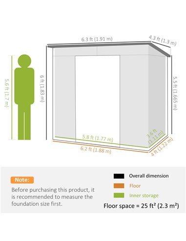 Outsunny 4 x 6ft Galvanised Metal Garden Shed, with Locking Door - Grey