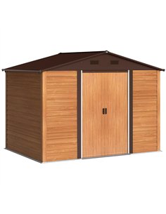 Outsunny 9 x 6ft Galvanised Steel Shed with Double Sliding Doors with 4 Ventilation Slots - Brown Wood-Effect