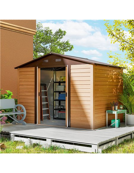 Outsunny 9 x 6ft Galvanised Steel Shed with Double Sliding Doors with 4 Ventilation Slots - Brown Wood-Effect - pic 180618 | FastDaddyshop