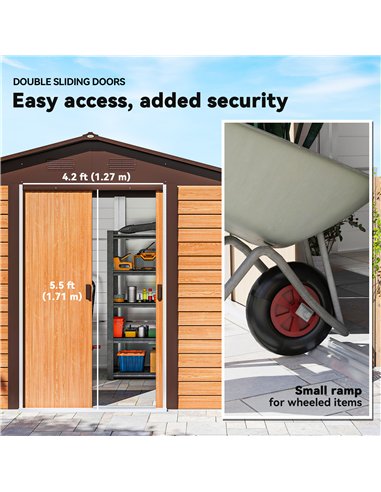 Outsunny 9 x 6ft Galvanised Steel Shed with Double Sliding Doors with 4 Ventilation Slots - Brown Wood-Effect