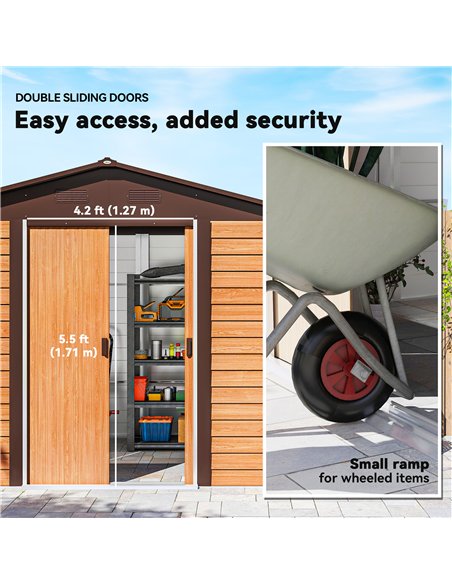 Outsunny 9 x 6ft Galvanised Steel Shed with Double Sliding Doors with 4 Ventilation Slots - Brown Wood-Effect - pic 180622 | FastDaddyshop