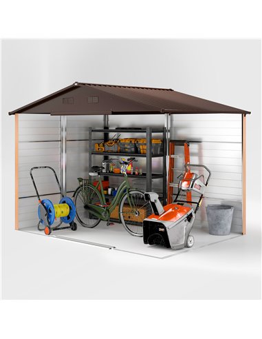Outsunny 9 x 6ft Galvanised Steel Shed with Double Sliding Doors with 4 Ventilation Slots - Brown Wood-Effect