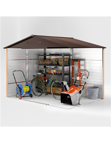 Outsunny 9 x 6ft Galvanised Steel Shed with Double Sliding Doors with 4 Ventilation Slots - Brown Wood-Effect - pic 180625 | FastDaddyshop