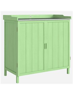 Outsunny Wood Garden Storage Cabinet, Outdoor Tool Shed, Potting Bench Table with galvanised Top and Two Shelves for garden Tool