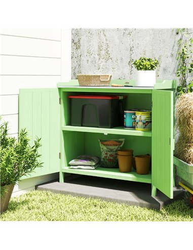 Outsunny Wood Garden Storage Cabinet, Outdoor Tool Shed, Potting Bench Table with galvanised Top and Two Shelves for garden Tool