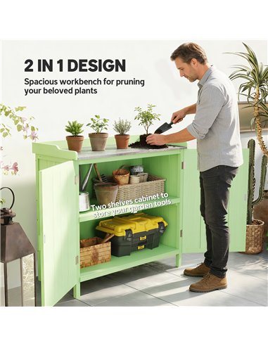 Outsunny Wood Garden Storage Cabinet, Outdoor Tool Shed, Potting Bench Table with galvanised Top and Two Shelves for garden Tool