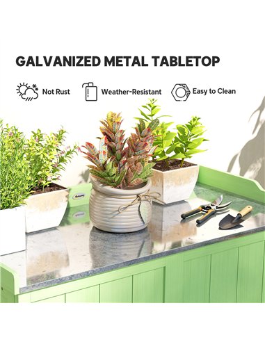 Outsunny Wood Garden Storage Cabinet, Outdoor Tool Shed, Potting Bench Table with galvanised Top and Two Shelves for garden Tool
