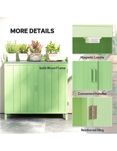 Outsunny Wood Garden Storage Cabinet, Outdoor Tool Shed, Potting Bench Table with galvanised Top and Two Shelves for garden Tool