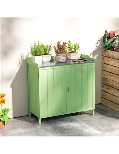 Outsunny Wood Garden Storage Cabinet, Outdoor Tool Shed, Potting Bench Table with galvanised Top and Two Shelves for garden Tool
