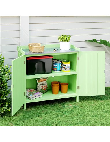 Outsunny Wood Garden Storage Cabinet, Outdoor Tool Shed, Potting Bench Table with galvanised Top and Two Shelves for garden Tool