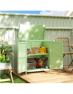 Outsunny Wooden Garden Shed, Garden Tool Storage Shed with Hinged Roof and Shelf, Outdoor Storage Cabinet with Double Doors, Lig 2