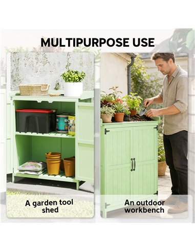 Outsunny Wooden Garden Shed, Garden Tool Storage Shed with Hinged Roof and Shelf, Outdoor Storage Cabinet with Double Doors, Lig