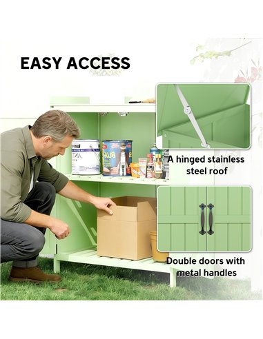 Outsunny Wooden Garden Shed, Garden Tool Storage Shed with Hinged Roof and Shelf, Outdoor Storage Cabinet with Double Doors, Lig