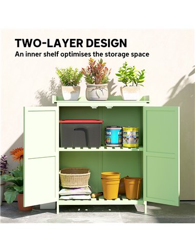 Outsunny Wooden Garden Shed, Garden Tool Storage Shed with Hinged Roof and Shelf, Outdoor Storage Cabinet with Double Doors, Lig
