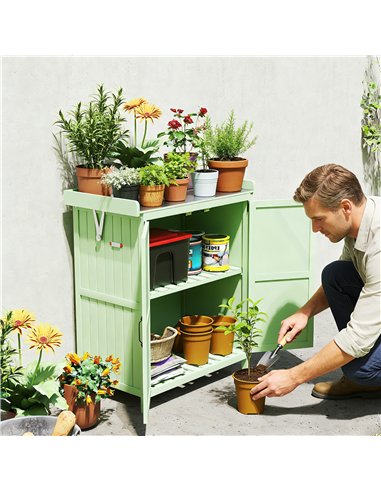 Outsunny Wooden Garden Shed, Garden Tool Storage Shed with Hinged Roof and Shelf, Outdoor Storage Cabinet with Double Doors, Lig