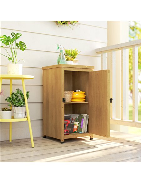 Outsunny Wooden Garden Shed, Garden Tool Storage Shed with Metal Top and Shelf, Light Brown - pic 180681 | FastDaddyshop