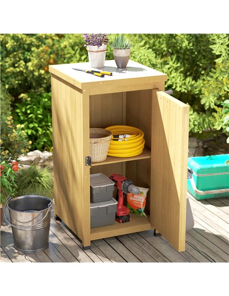 Outsunny Wooden Garden Shed, Garden Tool Storage Shed with Metal Top and Shelf, Light Brown - pic 180687 | FastDaddyshop