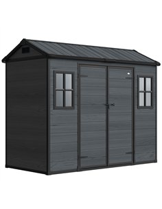 Outsunny 8 x 4 ft Resin Garden Shed, Wood-Effect Outdoor Storage Shed with Floor, Windows, Lockable Doors and Vents, Dark Grey