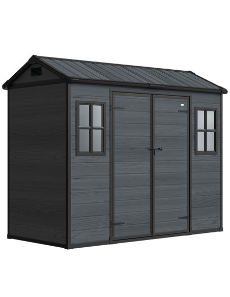 Outsunny 8 x 4 ft Resin Garden Shed, Wood-Effect Outdoor Storage Shed with Floor, Windows, Lockable Doors and Vents, Dark Grey - pic 180698 | FastDaddyshop