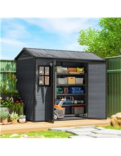 Outsunny 8 x 4 ft Resin Garden Shed, Wood-Effect Outdoor Storage Shed with Floor, Windows, Lockable Doors and Vents, Dark Grey 2