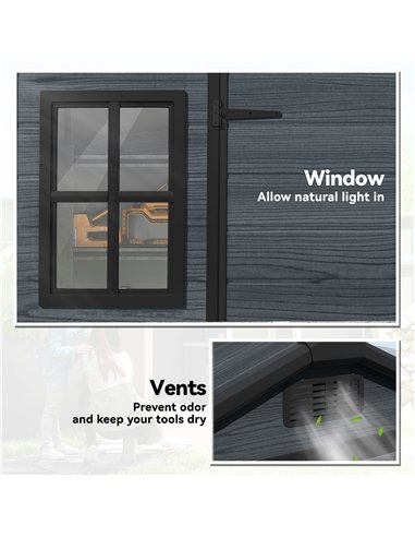 Outsunny 8 x 4 ft Resin Garden Shed, Wood-Effect Outdoor Storage Shed with Floor, Windows, Lockable Doors and Vents, Dark Grey