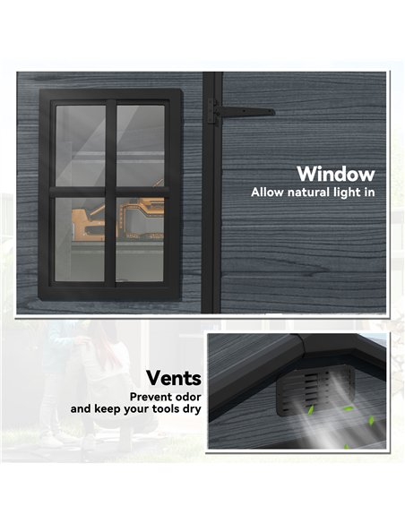 Outsunny 8 x 4 ft Resin Garden Shed, Wood-Effect Outdoor Storage Shed with Floor, Windows, Lockable Doors and Vents, Dark Grey - pic 180702 | FastDaddyshop