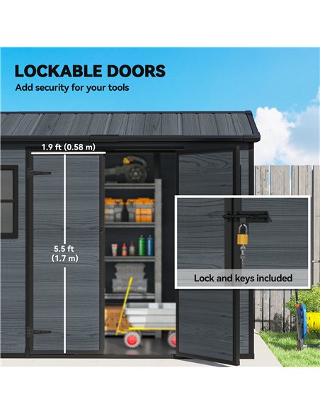 Outsunny 8 x 4 ft Resin Garden Shed, Wood-Effect Outdoor Storage Shed with Floor, Windows, Lockable Doors and Vents, Dark Grey - pic 180703 | FastDaddyshop