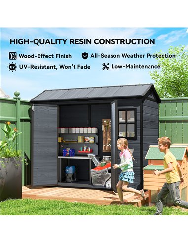 Outsunny 8 x 4 ft Resin Garden Shed, Wood-Effect Outdoor Storage Shed with Floor, Windows, Lockable Doors and Vents, Dark Grey