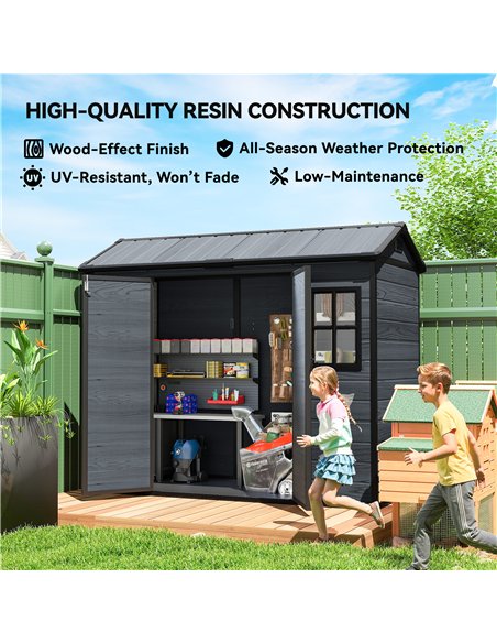 Outsunny 8 x 4 ft Resin Garden Shed, Wood-Effect Outdoor Storage Shed with Floor, Windows, Lockable Doors and Vents, Dark Grey - pic 180705 | FastDaddyshop