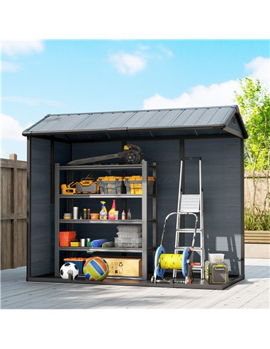 Outsunny 8 x 4 ft Resin Garden Shed, Wood-Effect Outdoor Storage Shed with Floor, Windows, Lockable Doors and Vents, Dark Grey