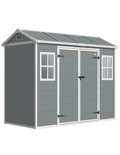 Outsunny 8 x 4 ft Plastic Garden Shed, Wood-Effect Outdoor Storage Shed with Floor, Windows, Lockable Doors and Vents, Light Gre