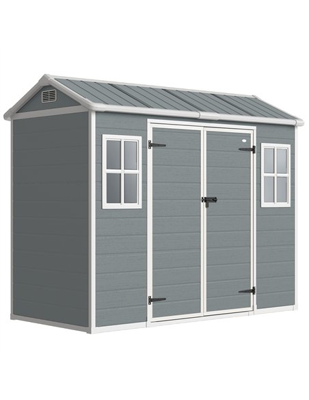 Outsunny 8 x 4 ft Plastic Garden Shed, Wood-Effect Outdoor Storage Shed with Floor, Windows, Lockable Doors and Vents, Light Gre - pic 180716 | FastDaddyshop