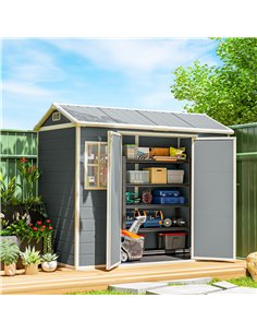 Outsunny 8 x 4 ft Plastic Garden Shed, Wood-Effect Outdoor Storage Shed with Floor, Windows, Lockable Doors and Vents, Light Gre 2