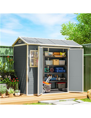Outsunny 8 x 4 ft Plastic Garden Shed, Wood-Effect Outdoor Storage Shed with Floor, Windows, Lockable Doors and Vents, Light Gre