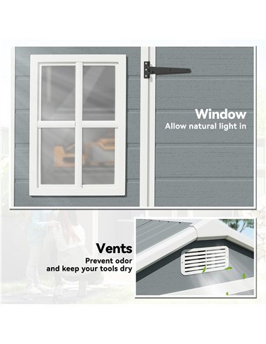 Outsunny 8 x 4 ft Plastic Garden Shed, Wood-Effect Outdoor Storage Shed with Floor, Windows, Lockable Doors and Vents, Light Gre