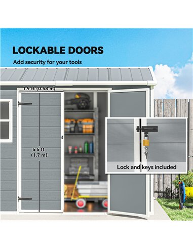 Outsunny 8 x 4 ft Plastic Garden Shed, Wood-Effect Outdoor Storage Shed with Floor, Windows, Lockable Doors and Vents, Light Gre