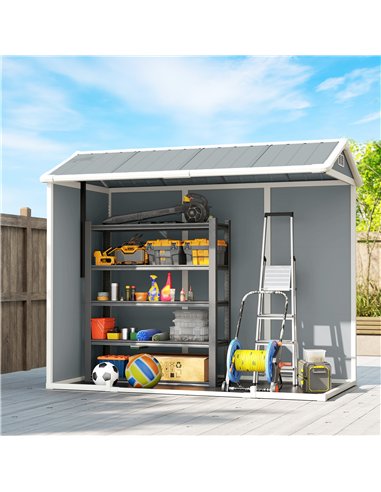 Outsunny 8 x 4 ft Plastic Garden Shed, Wood-Effect Outdoor Storage Shed with Floor, Windows, Lockable Doors and Vents, Light Gre