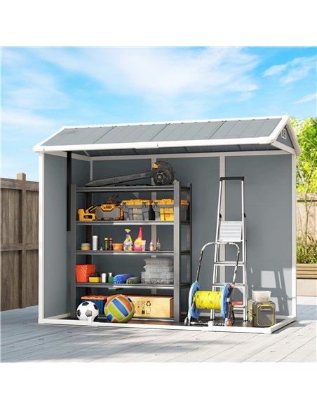 Outsunny 8 x 4 ft Plastic Garden Shed, Wood-Effect Outdoor Storage Shed with Floor, Windows, Lockable Doors and Vents, Light Gre - pic 180723 | FastDaddyshop