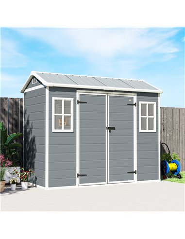 Outsunny 8 x 4 ft Plastic Garden Shed, Wood-Effect Outdoor Storage Shed with Floor, Windows, Lockable Doors and Vents, Light Gre