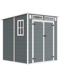 Outsunny 6 x 6 ft Plastic Garden Shed, Wood-Effect Outdoor Storage Shed with Floor, Windows, Lockable Doors and Vents, Grey