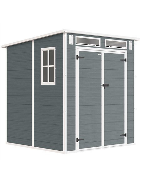 Outsunny 6 x 6 ft Plastic Garden Shed, Wood-Effect Outdoor Storage Shed with Floor, Windows, Lockable Doors and Vents, Grey - pic 180725 | FastDaddyshop