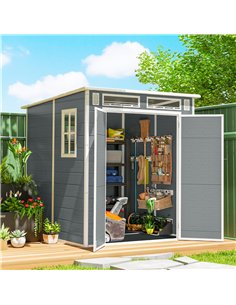 Outsunny 6 x 6 ft Plastic Garden Shed, Wood-Effect Outdoor Storage Shed with Floor, Windows, Lockable Doors and Vents, Grey 2