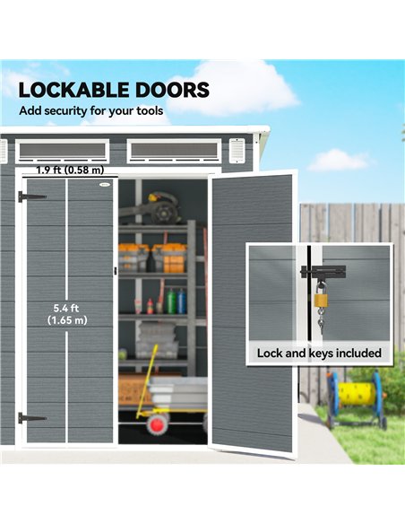 Outsunny 6 x 6 ft Plastic Garden Shed, Wood-Effect Outdoor Storage Shed with Floor, Windows, Lockable Doors and Vents, Grey - pic 180730 | FastDaddyshop