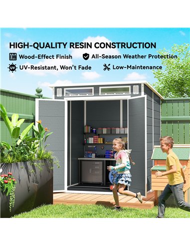 Outsunny 6 x 6 ft Plastic Garden Shed, Wood-Effect Outdoor Storage Shed with Floor, Windows, Lockable Doors and Vents, Grey