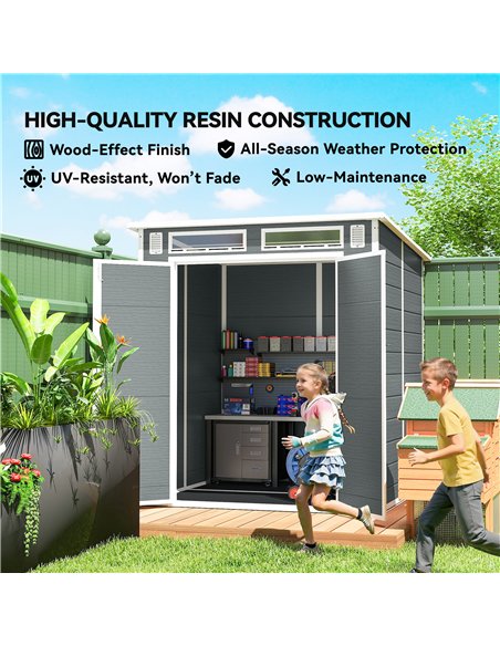 Outsunny 6 x 6 ft Plastic Garden Shed, Wood-Effect Outdoor Storage Shed with Floor, Windows, Lockable Doors and Vents, Grey - pic 180732 | FastDaddyshop