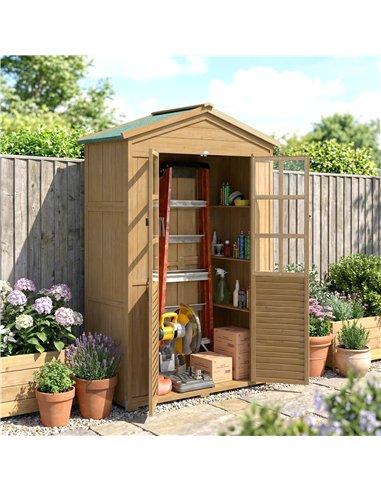 Outsunny Outdoor Wooden Storage Cabinet, Garden Tool Shed with Acrylic Windows for Patio, Light Brown