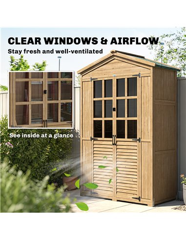 Outsunny Outdoor Wooden Storage Cabinet, Garden Tool Shed with Acrylic Windows for Patio, Light Brown
