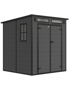 Outsunny 6 x 6 ft Plastic Garden Shed, Wood-Effect Outdoor Storage Shed with Floor, Windows, Lockable Doors and Vents, Dark Grey